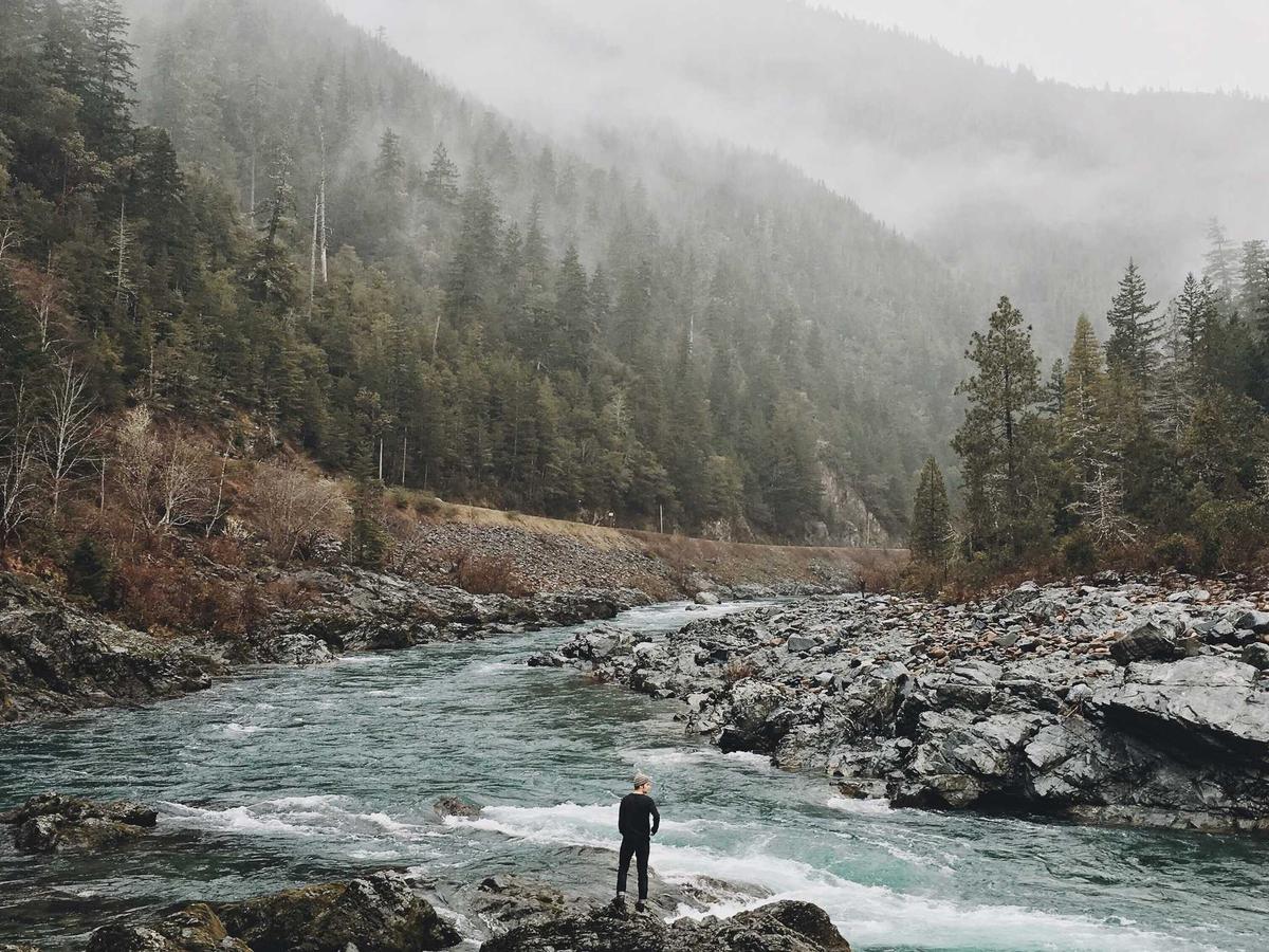 A misty river valley