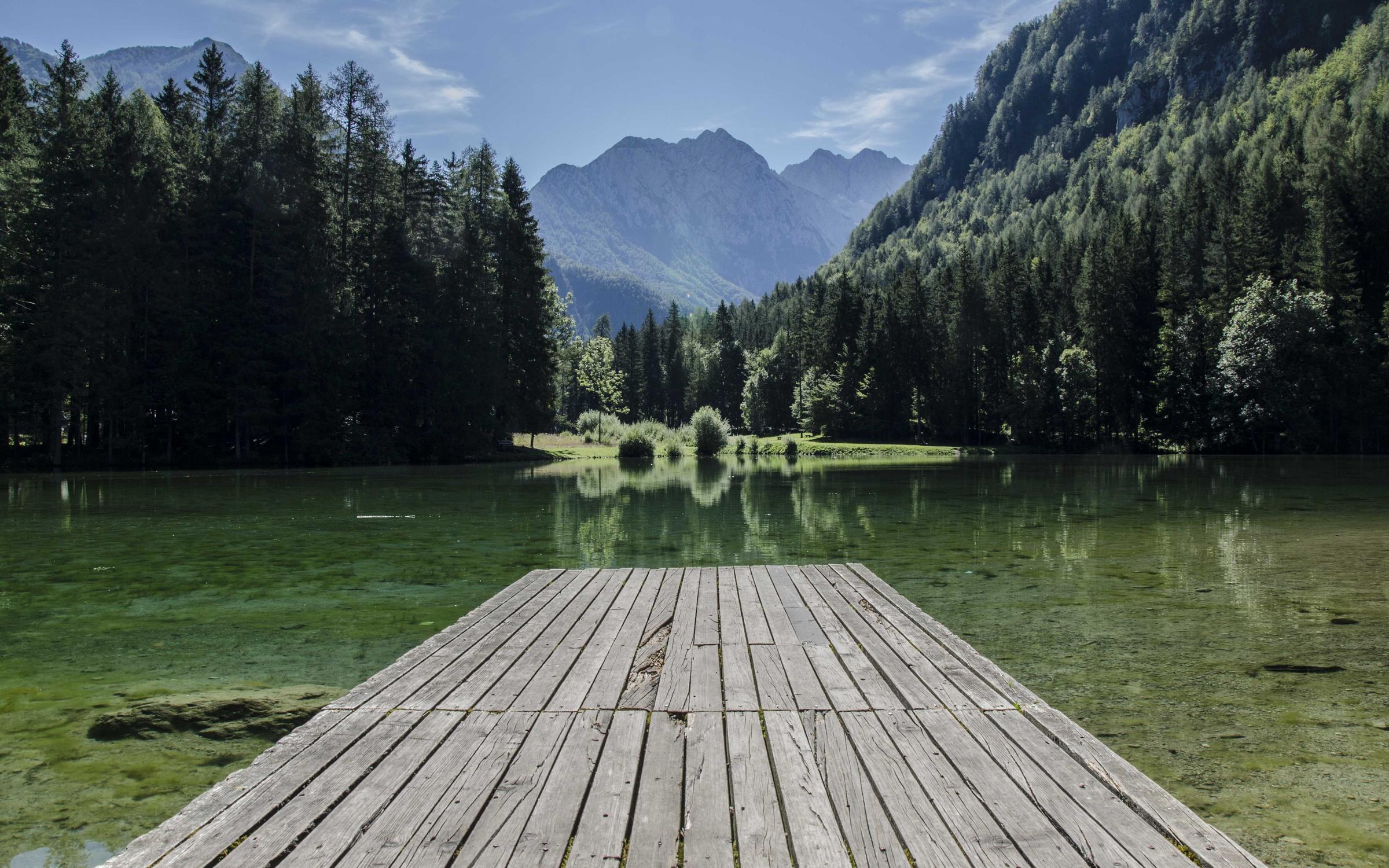 A dock leading into a green mountain lake
